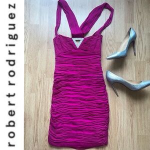 Robert Rodriguez hot pink ruched silk mini with rhinestone detail